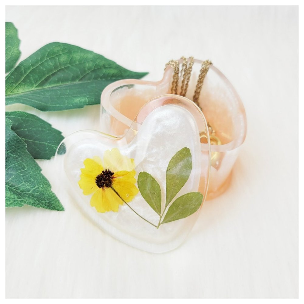 Floral Trinket Box Small Heart Jewelry Box Stash Box Yellow Orange White Clear